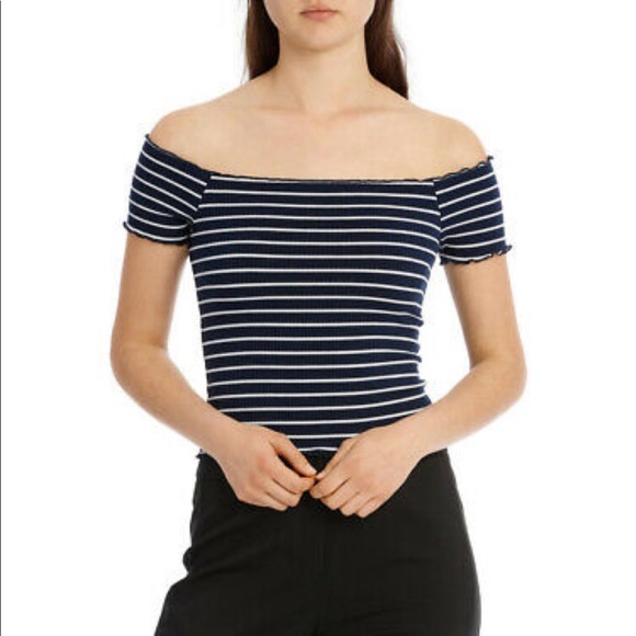 Bardot LEA Off Shoulder Navy Stripe TOP - Picture 1 of 6